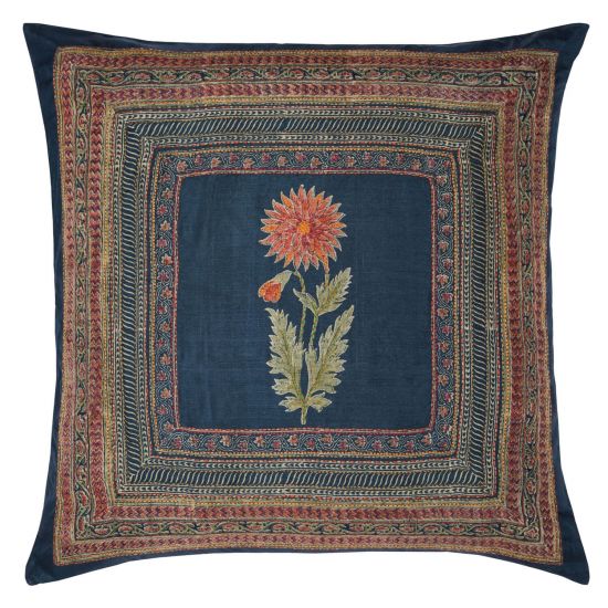 Dahlia Embroidered Silk Pillow Cover - Charcoal/Terracotta